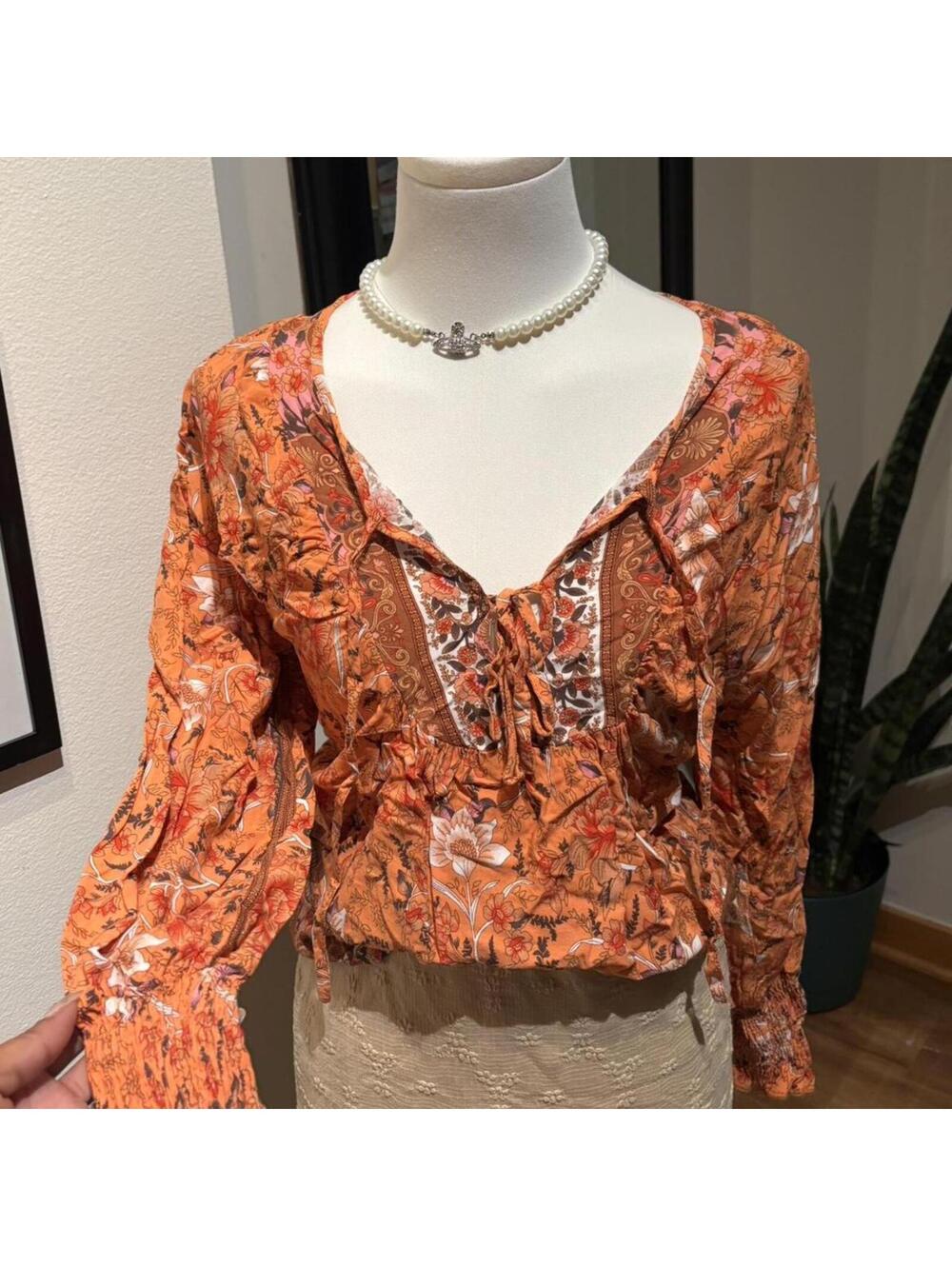 Boho Floral Peasant Top Orange Paisley Fairy Festival Blouse
